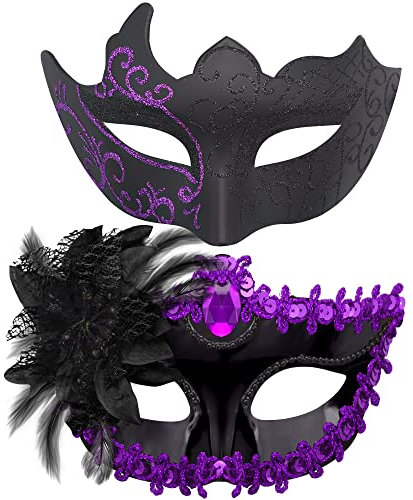 SIQUK 2 Pièces Masque Vénitien Couple Masque de Mascarade Bal Masqué Vénitien Masque pour Les Yeux pour Femme Homme Halloween Mascarade Carnaval, Noir & Violet