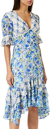 Hope & Ivy The Indigo Contrast Floral Ruffle Hem Midi Dress with Low Back Cut Out