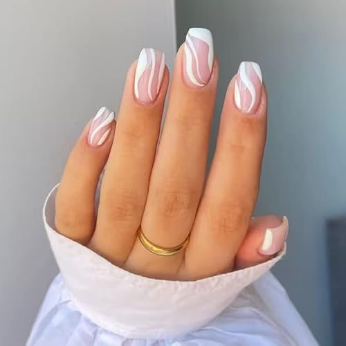 VEBONNY Faux ongles opaques, blancs laiteux à clipser, design minimaliste à rayures zébrées en acrylique à coller sur des ongles simples et élégants Vebonny FN-ST116