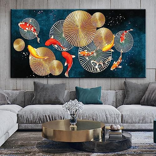 HTWLMM Koi Fisch Leinwand Malerei Rot Koi Fisch Landschaft Bilder Feng Shui Poster Kunstdruck für Wohnzimmer Schlafzimmer Wandbilder Deko Rahmenlos (70X140CM,A-5)