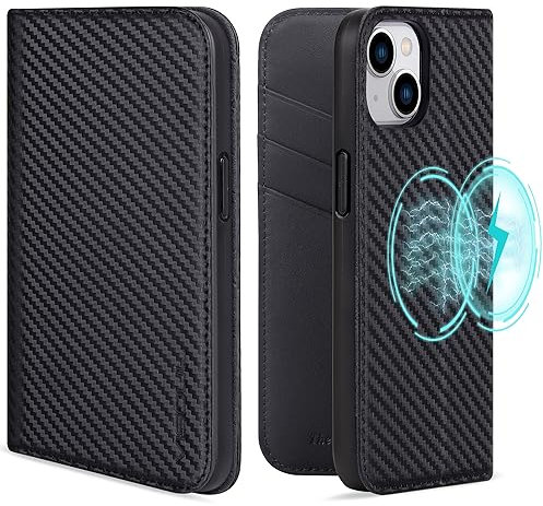 VISOUL Hülle für iPhone 15,Carbon und Nappa Leder Schutzhülle Schützt vor Stoß Kartenfach Magnetverschluss Stand Klapphüllen handyhülle Handytasche Etui Case Schwarz T