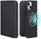VISOUL Hülle für iPhone 15,Carbon und Nappa Leder Schutzhülle Schützt vor Stoß Kartenfach Magnetverschluss Stand Klapphüllen handyhülle Handytasche Etui Case Schwarz T
