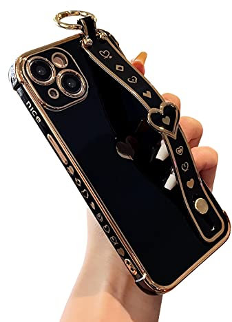 DEFBSC for iPhone 15 Case with Wrist Strap, Cute Side Love Heart Plating Edge Phone Case with Heart Pattern Wristband Finger Holder Stand Soft TPU Bumper Shockproof Protective Case - Black