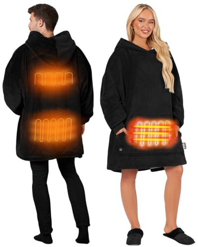 OHS Electric Heated Blanket for Men Women, Ultra Soft Sherpa Fleece Throw Hoodie Oversized Wearable Blanket Fluffy Wearable Hooded Blanket Jumper, Black