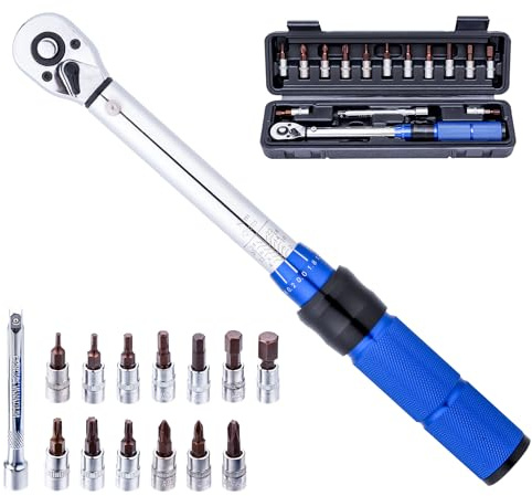 KATSU Drehmomentschlüssel Fahrrad 1/4 Zoll 15-teiliges Set, 2-24 Nm, CRV, 72 Zähne, ±3% hohe Präzision, für Fahrrad, Motorrad und Auto Zündkerzenwechsel