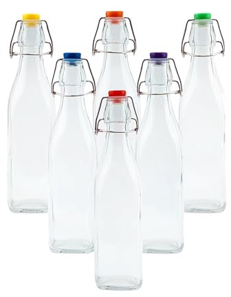 simpa Vintage Style Clear Glass Bottles with Assorted Colour Swing Top Lids. Square 500ml Bottles - Set of 6