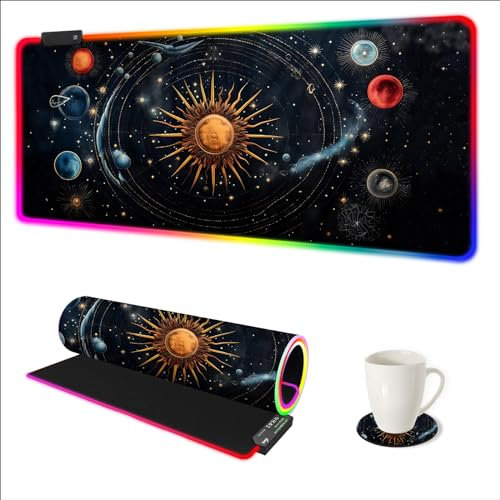AIMSA RGB Mouse Pad LED Gaming Mouse Pad with 14 Lights Modes, Non-Slip Rubber Base Computer Carpet Desk Mat for PC Laptop (35.4 x 15.8 inch) Abstract Solar System