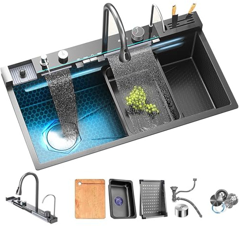 XDCXYD 88 * 48cm/34.6 * 18.8 Large Size Kitchen Sink Two Waterfall Sink Stainless Steel Sink with Knife Holder Box Digital Display Multifunctional (Gunmetal Grey, 88 * 48 * 21cm A)