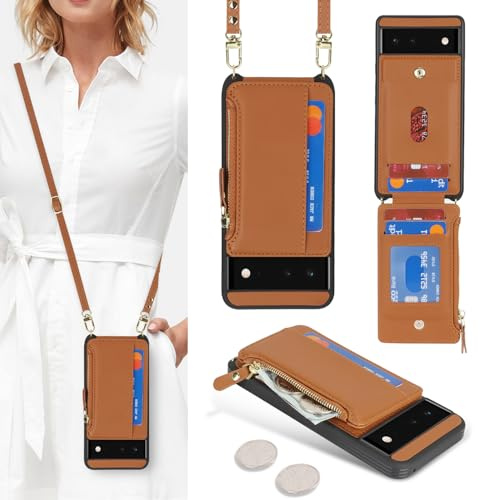 SailorTech Handyhülle für Google Pixel 6, Etui mit Kartenfach, Verstellbare Halskette, Reißverschluss Geldbörse - Braun