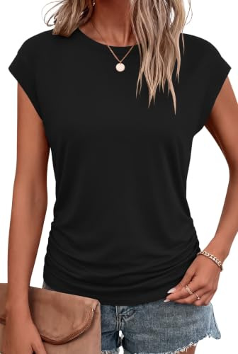 Bliwov Womens Summer Tops Cap Sleeve Crew Neck Casual T Shirts Black
