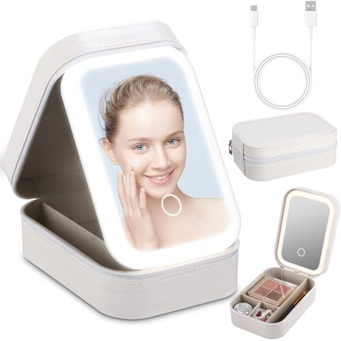 Kosmetiktasche mit Spiegel, 3 Farbeinstellungen,Schminktasche mit Spiegel und LED Licht,USB Aufladbar, Kompakt und tragbar,Make up Tasche mit Spiegel,Separate Fächer für die Aufbewahrung(Weiß)