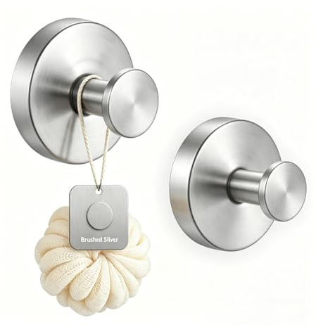 BIRDDIE Suction Cup Hooks 2 Pack Heavy Duty No Drill Wall Silver Round | Upgraded Vacuum Shower Towel Hooks SUS304 Waterproof Stainless Steel Hooks for Bedroom,Bathroom,Kitchen,Hotel and Office