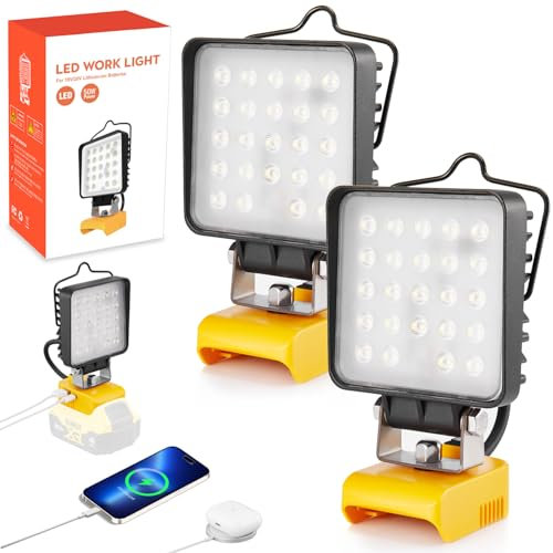 2 Pcs Work Light for Dewalt 18v 20v Battery, 50W 5400LM Flashlight, Cordless LED Flood Light, Battery Lithium Light with USB&Type-C Charging Port for Camping, Outdoors, Workshop