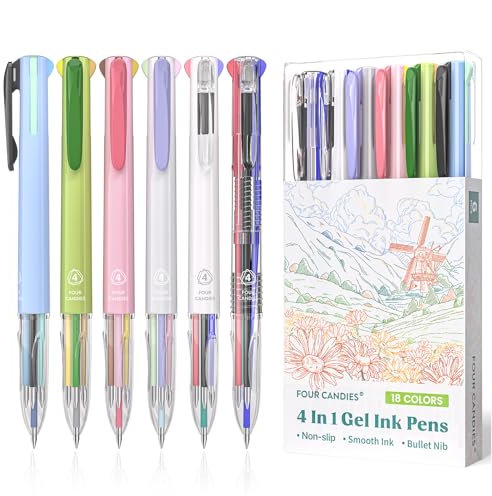 Four Candies 6 PCS Multicolor Stift, 0,5 mm farbige Stifte, 4-in-1 Multicolor-Tintenstifte, 18 Farben einziehbare Tintenstifte für Büro, Schulbedarf