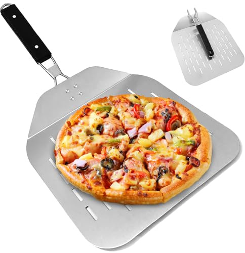 Perforated Stainless Pizza Shovel with 180°Folding Handle, Pizza Turning Peel for Baking Handmade Pizza,Bread, Sliding Pizza Peel for Outdoor or Indoor Pizza Grill,Oven, Pizza Paddle for Home, Kitchen