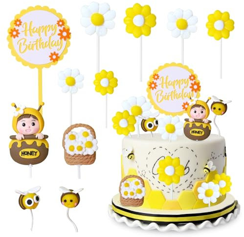 Bee Cake Toppers, 11 Stück Biene Kuchen Topper, Bee Gänseblümchen Torte Deko, Happy Birthday Tortendeko, Bee Thema Tortendeko für Baby Kinder Jungen Mädchen Partydekoration