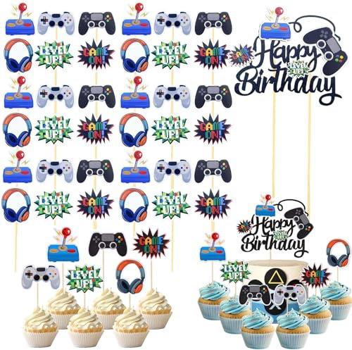 37PCS Video Game Cupcake Toppers, Happy Birthday Video Game Cake Toppers Game On Controllers Cupcake Picks Gaming Theme Cake Decorations for Birthday Anniversary Party Decorations Supplies