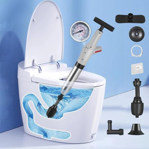 Toilet Plunger, High Pressure Toilet Unblocker, Heavy Duty Drain Unblocker Kit with A Holder and 3 Replaceable Heads for Unblocking Toilets, Sink, Shower, Bathtub, Floor, Drain And Pipe Clog (Grey 1)