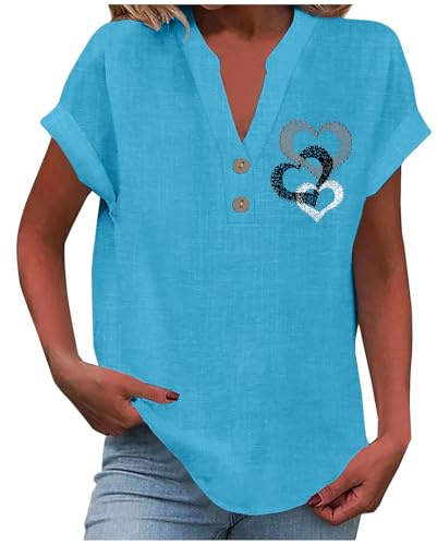AMhomely Womens Tshirts Cotton Linen V Neck Cap Sleeve Shirt Summer Fashion Casual Cotton Linen Blouses Trendy Tops