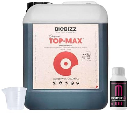 GROWMANIA Top Max de BioBizz 5 l + échantillon Boost Up Nutrients + Verre doseur | Solution biologique pour floraison extensive | Idéal pour les grands jardins et vergers