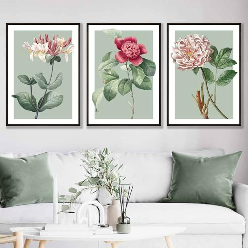 ARTZE Set of 3 Vintage Flowers Sage Green Wall Art Prints Only Size: (A2-42 x 59.4 cm)