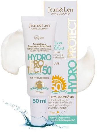 Jean & Len Sensitiv Sonnenschutzfluid LSF 50, leicht & schnell einziehend, für sensible Haut, ohne Mikroplastik, Octocrylen, Duftstoffe, vegan, Sonnenpflege Gesicht, 50 ml