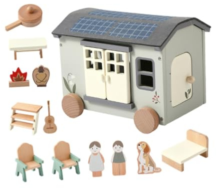 harayaa Holz Camping Set, Holztisch Und Stühle, Holz Camping Van, Rollenspiel, Puppenhaus, Pädagogisches Spielzeug für Kinder