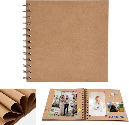 Vmoomax DIY Scrapbook Album 18x18cm, 20 Sheets 40 Pages Brown Papers, Spiral Hardcover Memory Book for Family, Wedding, Travel, Anniversary, Birthday, Christmas Gifts, Kraft Paper DIY Scrap Book
