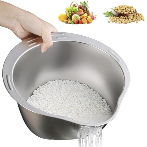 1 Piece Stainless Steel Rice Washing Bowl, Food Safe Strainer for Rice with Pourer, Multifunctional Pasta Strainer Stainless Steel Strainer Kitchen for Washing and Draining Quinoa, Fruit, Vegetables