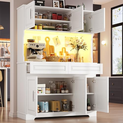 Xwiny Küchenschrank mit LED-Beleuchtung und USB-Ladeanschluss, Hochschrank mit Verstellbare Einlegeböden und Aufbewahrungsschrank, Küchenschränke mit Schublade, Weiß-A, 108x40x180 cm