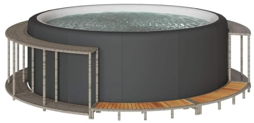 Runheo Ribete para bañera de hidromasaje con espacio de almacenamiento, color gris, polirratán, escalera de madera, accesorio estable para piscinas de spa y jacuzzi con marco de acero pulverizado y