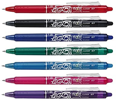 7 x Pilot Frixion Clicker 0,7 mm BLRT-FR7 – radierbarer einziehbarer Rollerball, 1 von jeder Farbe – Rot, Hellblau, Dunkelblau, Grün, Rosa, Violett und Schwarz