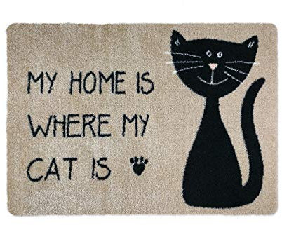 deco-mat Fußmatte Katze 50 x 70 cm Beige - Fussmatte mit Katzen - rutschfest & waschbar - Schmutzfangmatte für Innen und Außen mit lustigem Motiv