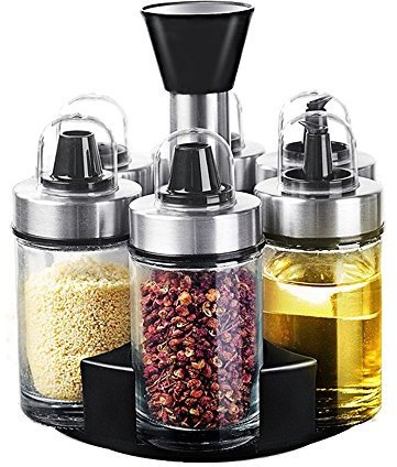 LINGLAN Cocina sin plomo de cristal caja de confección con cubierta de polvo, tanque de condimento giratorio, juego de botellas de condimento, 6 ensamblajes de salero de jarrón de condimento