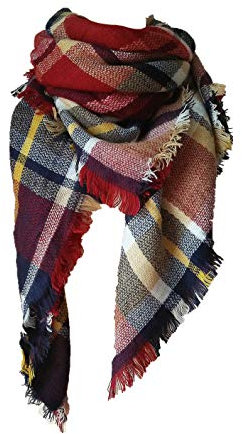 ASKSA Damen Schal Karoschal Karo übergroßer quadratisch Deckenschal Oversized Fransen Poncho XXL Schals Herbst Winterschal 140cm x 140cm (Weinrot)