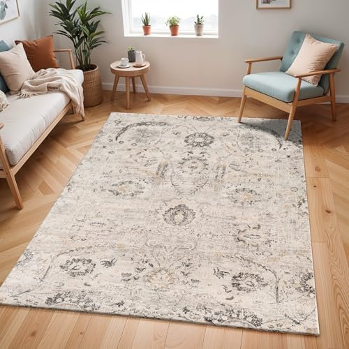 Livabliss Naftah Vintage Rug - Area Rugs for Living Room 155x220 cm, Bedroom - Scandi Neutral Rugs, Traditional Patterned Boho Style, Natural Easy Care Pile - Large Rug, Grey, Mustard, Beige