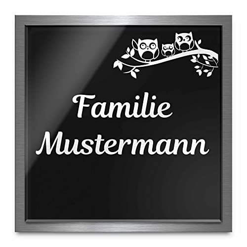 Premium Türschild aus Hochglanz Acrylglas und V2A Edelstahl | Namensschilder mit Gravur und Motiven Familienschild Türschilder für die Haustür mit Namen selbstklebend oder mit Bolzen 22x22 cm