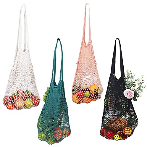 Belle Vous 4 Stk Netz Einkaufstasche – Netz Tasche aus Baumwolle mit Griff – Tragbare, Wiederverwendbare und Waschbare Netz Beutel – Netz für Sandspielzeug, Obst & Gemüse Netzbeutel