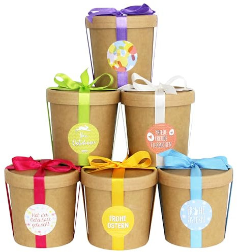 Papierdrachen 6 dekorative Osternester zum Befüllen - Naturbraune Becher mit Deckeln und buntem Satinband - Komplettset aus Pappe - Osterdeko mit Aufklebern - Osterkörbchen als Box