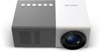 PRIXTON - Proyector Mini Portátil Cinema Mini con 900 Lúmenes, QVGA Compatible con Full HD, Conexión HDMI, USB, MicroSD, Aux in, AV in, Altavoces Integrados, Mando a Distancia - Color Gris
