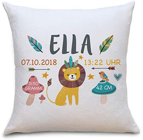 OWLBOOK Geburtskissen Löwe Boho Flauschige Kissenhülle mit Namen und Geburtsdaten Geschenke Geschenkideen zur Geburt Baby Kind Mädchen Junge zur Taufe