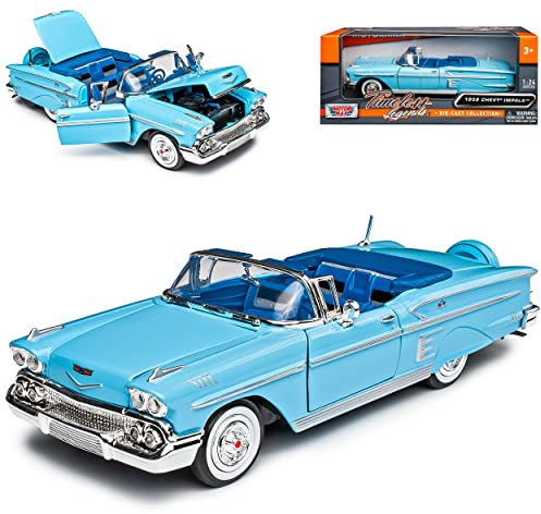 Motormax Chevrolet Chevy Impala Cabrio Blau Offen 1958 Oldtimer 1/24 Modell Auto mit individiuellem Wunschkennzeichen