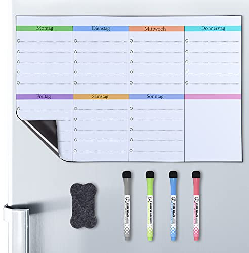 POPRUN Magnetisch Whiteboard Wochenplaner Magnettafel Kühlschrank abwischbar,Whiteboard Kalender,Terminplaner wiederverwendbar- 43 x 28 cm auf Deutsch