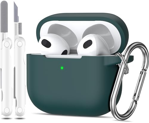 MHYALUDO Hülle für Airpods 3. Generation 2021, weiche Silikon-Schutzhülle für Apple Airpods 3 mit sichtbarer LED auf der Vorderseite, mit Reinigungsset,Waldgrün