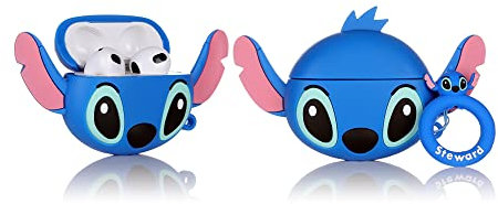 Derhom Airpods 3 Schutzhülle aus Silikon, lustig, niedlich, modisch, weich, Comic-Motiv, kompatibel mit Apple Airpods 3, mit Schlüsselanhänger [Cartoon-Avatar-Serie] (Big Ears Stitch Blue)