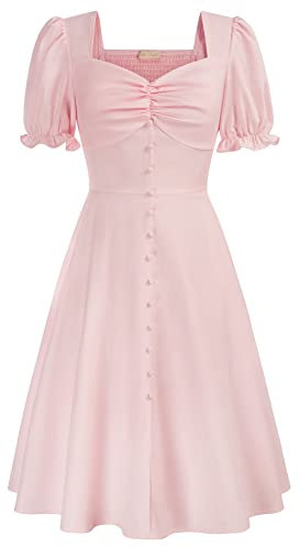 Women Vintage Puff Sleeve A-Line Dress Ruched Square Neck Swing Tea Party Dress with Decoration Buttons Front Pink 356-01 L