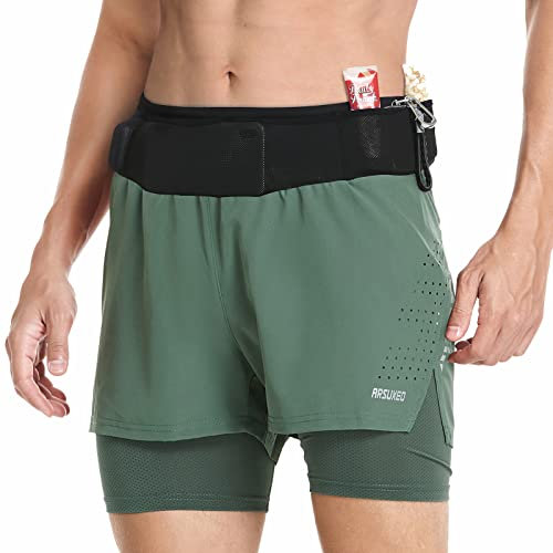 ARSUXEO 2 in 1 Laufshorts für Herren Wrap-Around Taschen Workout Gym Athletic Shorts, armee-grün, X-Groß