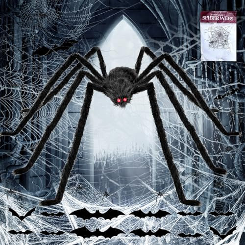 Halloween Spinne Dekorationen, Halloween Deko Spinne Set inkl 200cm Riese gruselige Spinnen, 60g Spinnweben, 10 kleine Spinnen,12 Fledermäuse,Halloween Deko Garten draußen Halloween Requisiten