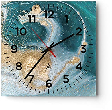 Modern Wanduhr Golden Türkis Hintergrund 30x30cm Quadrat Klein Wand Uhr Glas Analog Zimmeruhren Küche Büro Wohnzimmer Glasuhr Wall Clock Dekoration Design Wanddekoration Küchenuhr C4AC30x30-4969