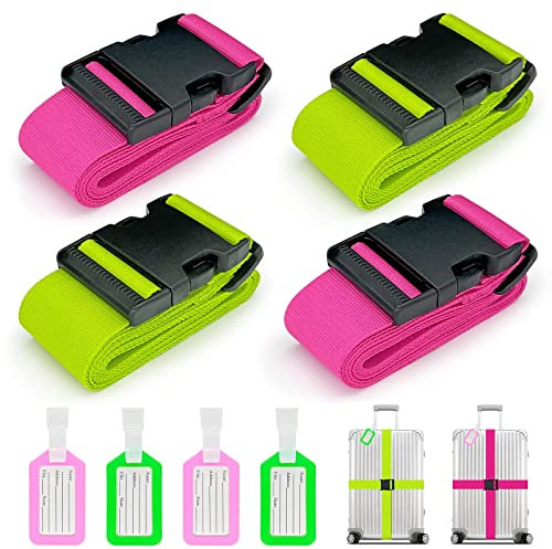 Koffergurte 4 Stück, Verstellbare Kofferband mit Adressschild, 2 Farben Kreuzgurt Kofferbänder für Koffer Markierung, Reisezubehör Gepäckgurt Luggage Strap zum Sicheren Verschließen